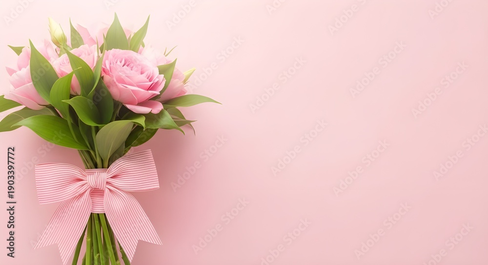 Fototapeta premium Pink tulips bouquet with ribbon on pastel background