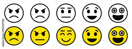 Feedback Emoticons Emojis Icon set with happy, neutral, sad faces, customer satisfaction rating, good and bad emotions, transparent background vector.