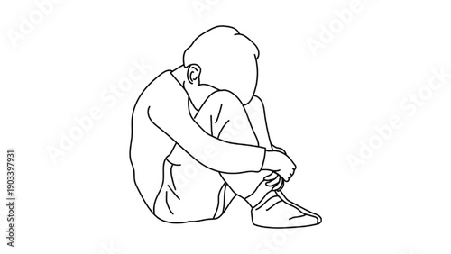 Sad Lonely Boy Crouching Line Art Illustration