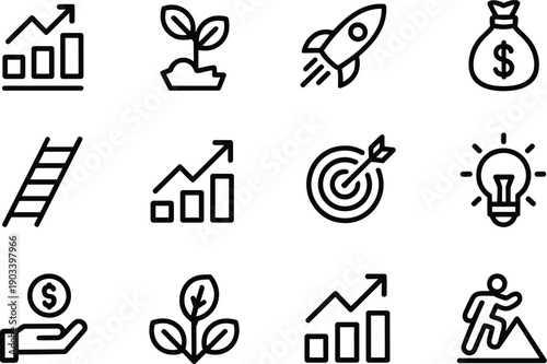 Financial success and corporate strategy icons showing bar graphs climbing progress targets and creative solutions