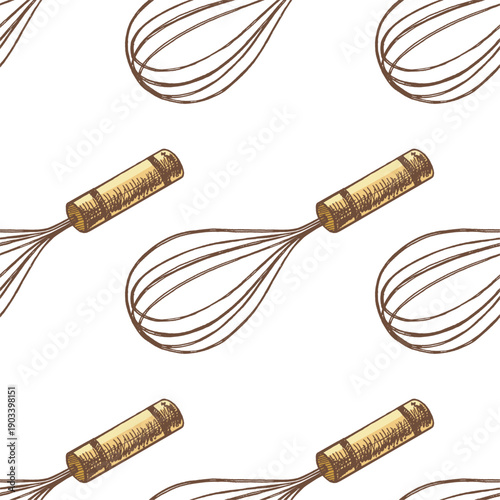 Hand drawn vintage seamless pattern of wire kitchen whisk in color with wooden handle, cooking utensil illustration