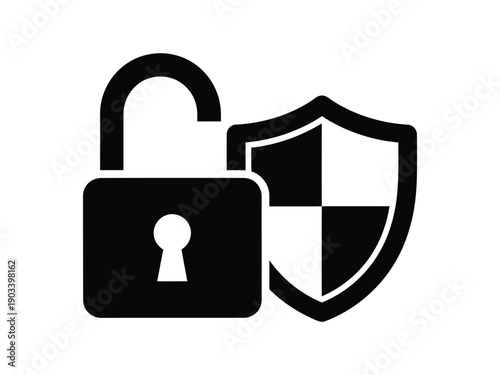 Unlocked padlock with a shield, symbolizing data protection, security, and safe access