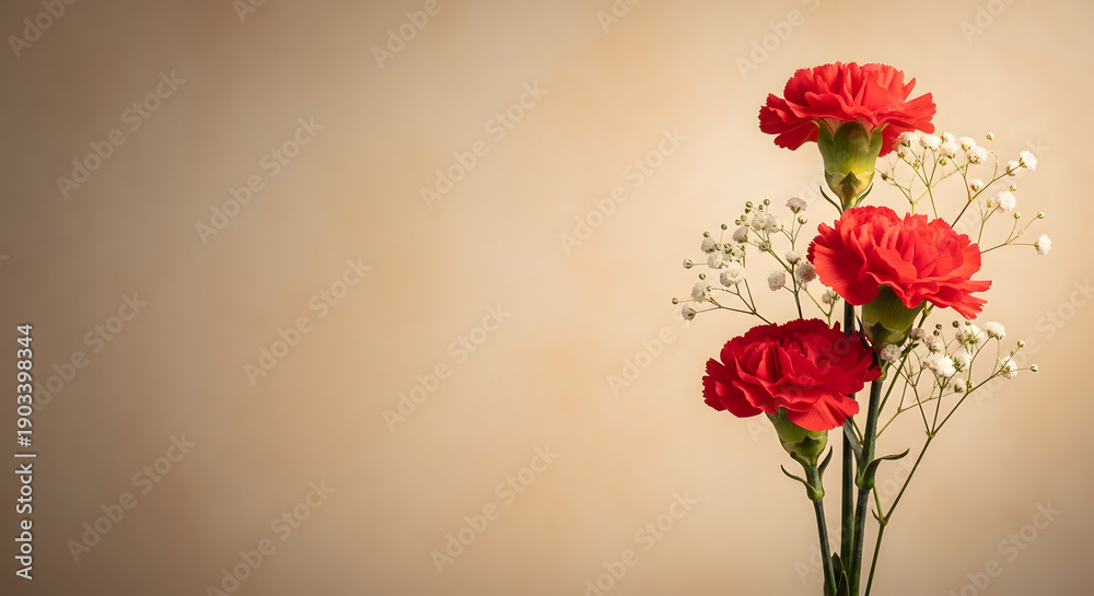 Fototapeta premium Three red carnations with baby's breath on a beige background