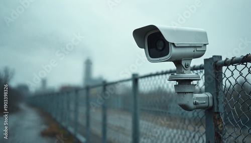 White security camera monitors industrial area fence on cloudy day. Modern surveillance tech guards perimeter and property. Watchful eye observes urban zone and factory.