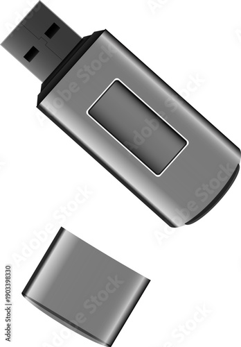 Silver USB flash drive with cover cap on white background, vector, eps 10