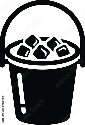 Black and white image of a bucket filled with coal or rocks