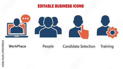 Editable business icon set - people, candidate selection, workplace and training. Vector illustration.