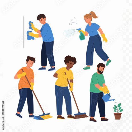 Diverse people cleaning and tidying a space together.