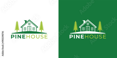 Modern Pine Tree and House Logo Template for Real Estate, Eco Property and Nature Home Branding