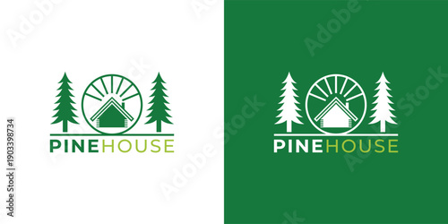 Modern Pine Tree and House Logo Template for Real Estate, Eco Property and Nature Home Branding