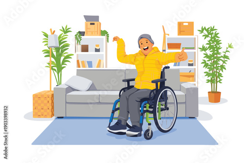 Disabled man in a wheelchair celebrating success at home.