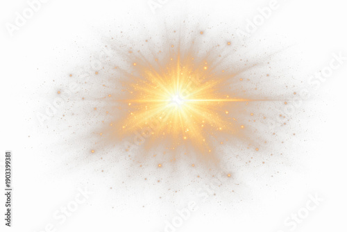 Abstract golden light burst with glowing star flare energy beam and radiant shine effect, bright graphic design element on transparent background
