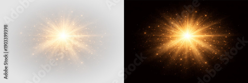 Foto Golden glowing light burst with radiant star flare energy beam and abstract powe