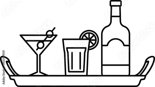 A black and white line drawing of a cocktail tray with drinks