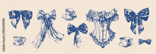 hand drawn rococo fashion and lifestyle illustrations, vintage engraving style line art, elegant women's clothing details, corsets, blouses, dresses, bows and lace, antique hats, teacups, accessories