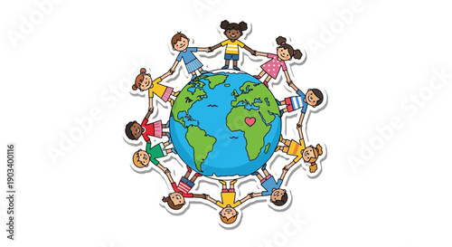 Diverse group of children holding hands around the Earth symbolizing global unity and friendship.