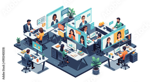 Diverse team collaborating remotely through video conferencing in a modern office setting.