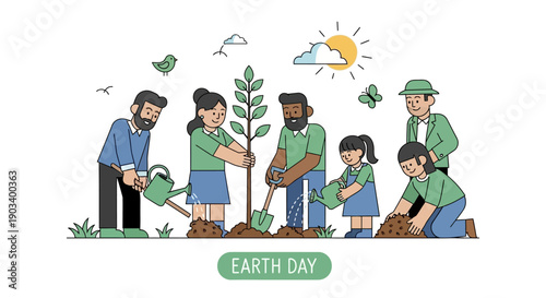 Diverse group of people planting a tree together under a sunny sky, celebrating nature and.