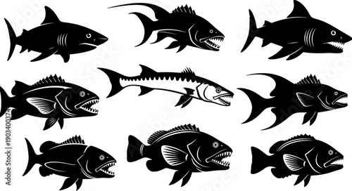Silhouette of various fish species in black on white background