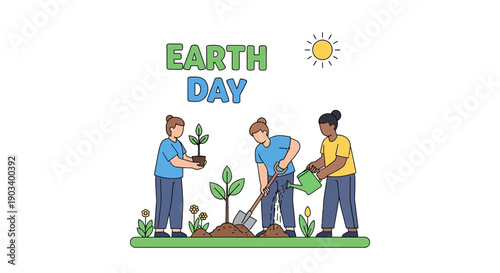People plant trees and water plants to celebrate Earth Day with the sun shining.