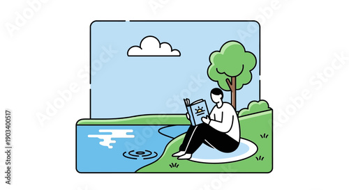 A person sits by a tranquil lake reading a book under a tree on a sunny day.