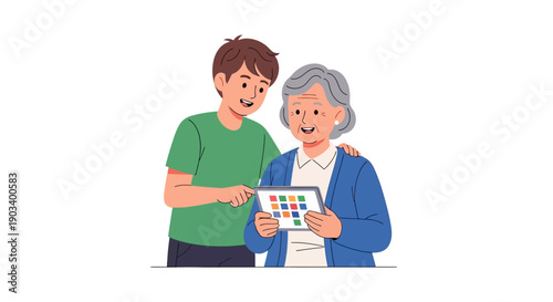 Young man helps elderly woman use a tablet computer with colorful icons.
