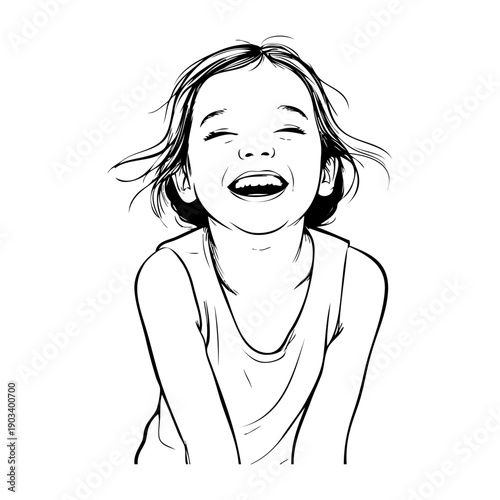 Dibujo sencillo con líneas de una chica joven alegre riendo