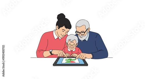 A mother and grandfather help a young child learn and play on a digital tablet together.