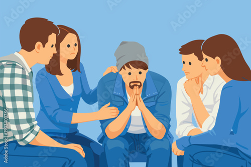 Group of friends comforting a sad man sitting on a sofa.