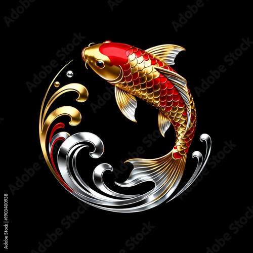 A stunning metallic golden and red koi fish swimming gracefully amidst elegant silver waves on a sleek black background, symbolizing prosperity and success. Perfect for luxury branding.