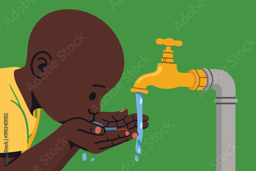 Young boy drinking fresh water from a clean metal tap.