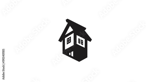 Stylized black house icon on white background, geometric and angled, with windows and roof