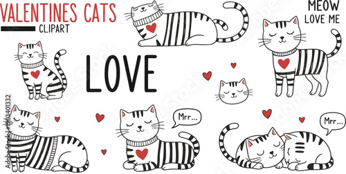 Valentine’s Day cat clipart illustration set featuring cute hand drawn kittens, love hearts, romantic poses, playful expressions, and adorable cartoon animal characters