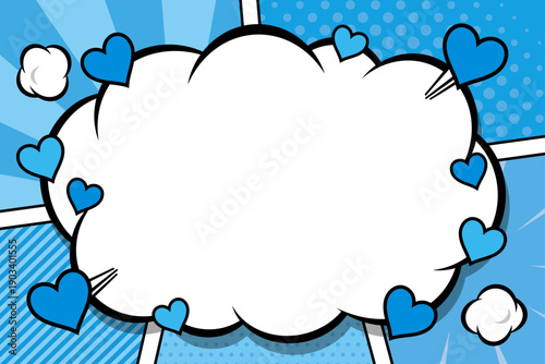 アメコミ　ハート　フレーム　ブルー　イラスト