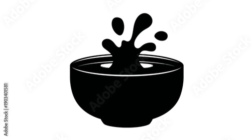 Black silhouette depicting liquid splashing out of a bowl on a white background