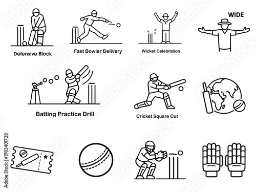 Cricket Line Icons Set Batting, Bowling, Wicket Celebration and Sports Equipment Outline Vector Illustration