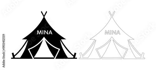 Stylized camping tent icon in black and outline variations for outdoor adventure design