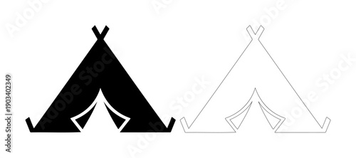 Simple black and white icons of a teepee tent for camping and outdoor adventures.