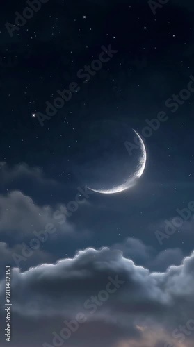 Crescent moon shining brightly through clouds in a starry night sky viewed from below