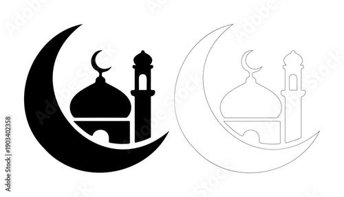 Elegant Islamic crescent moon and mosque silhouette symbolizing faith and spirituality