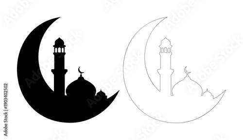 Crescent moon embracing Islamic mosque silhouette, representing faith and tradition.