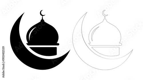 Elegant crescent moon cradles a mosque dome, symbolizing Islamic culture and faith