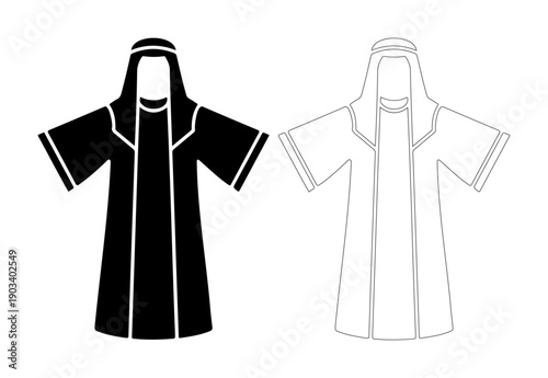 Traditional Middle Eastern attire with head covering, shown in black and white outline
