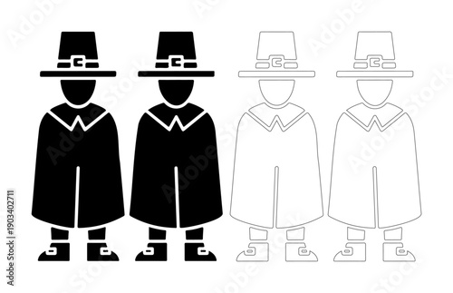 Stylized figures in pilgrim attire, representing historical figures and tradition