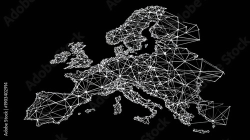 Abstract graphic illustration of interconnected lines, forming outline of a geographic region, on black