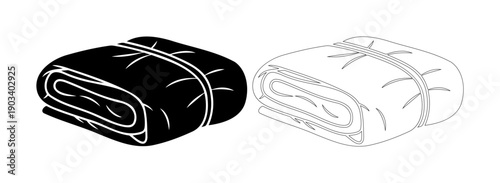 Rolled blanket icon in black and white outline
