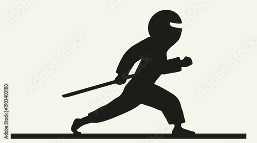 A silhouette of a ninja in action, running with a staff on a cream background