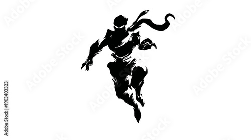 A striking black ink illustration of a figure in motion, set against a pristine white backdrop