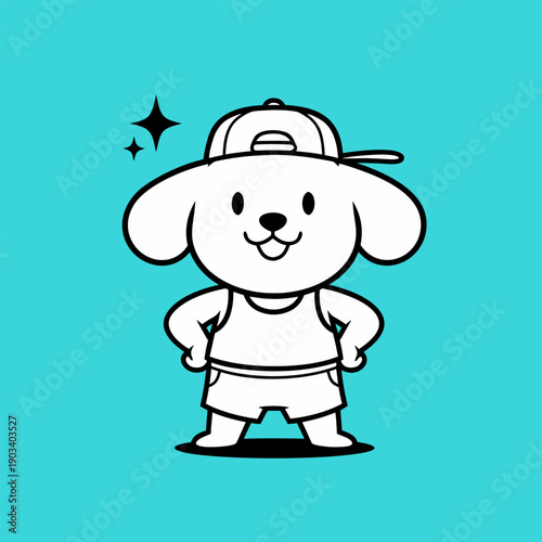 Cute cartoon dog wearing a baseball cap and shorts, graphic illustration with sparkling elements