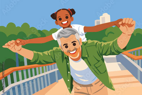 Grandfather carrying his granddaughter on his shoulders while walking in the park.